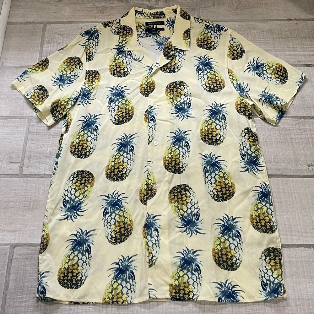 Banana Republic Shirt Mens Large Yellow Pineapple Slim Fit‎ Hawaiian Button Up